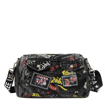 Black washed denim shoulder bag, torebka
